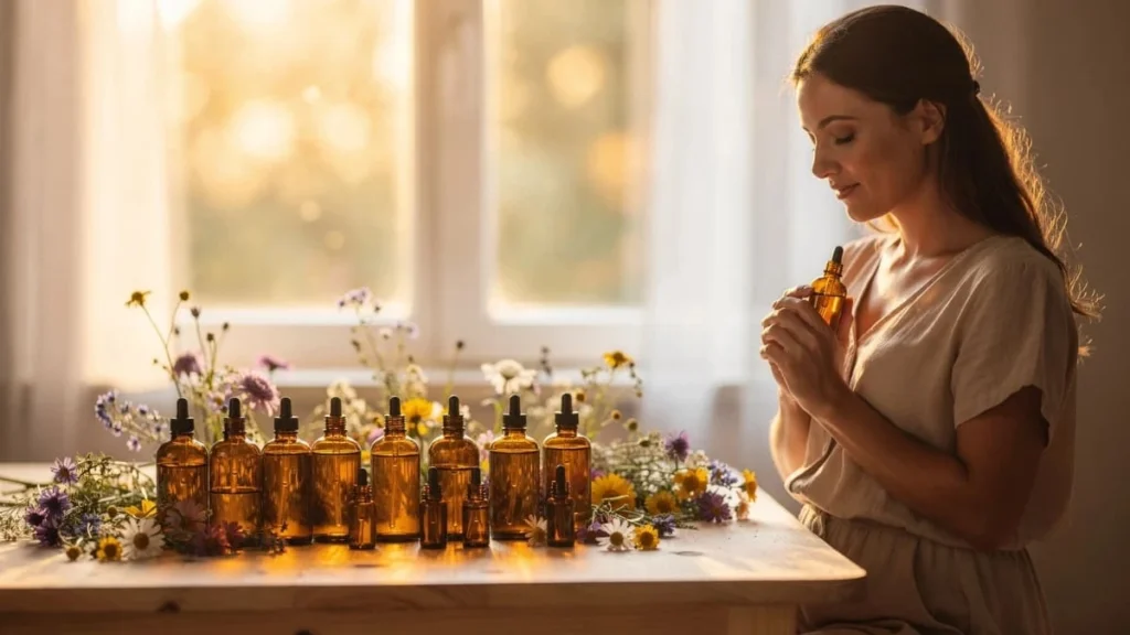 Florais de Bach em frascos terapêuticos promovendo equilíbrio emocional e bem-estar natural