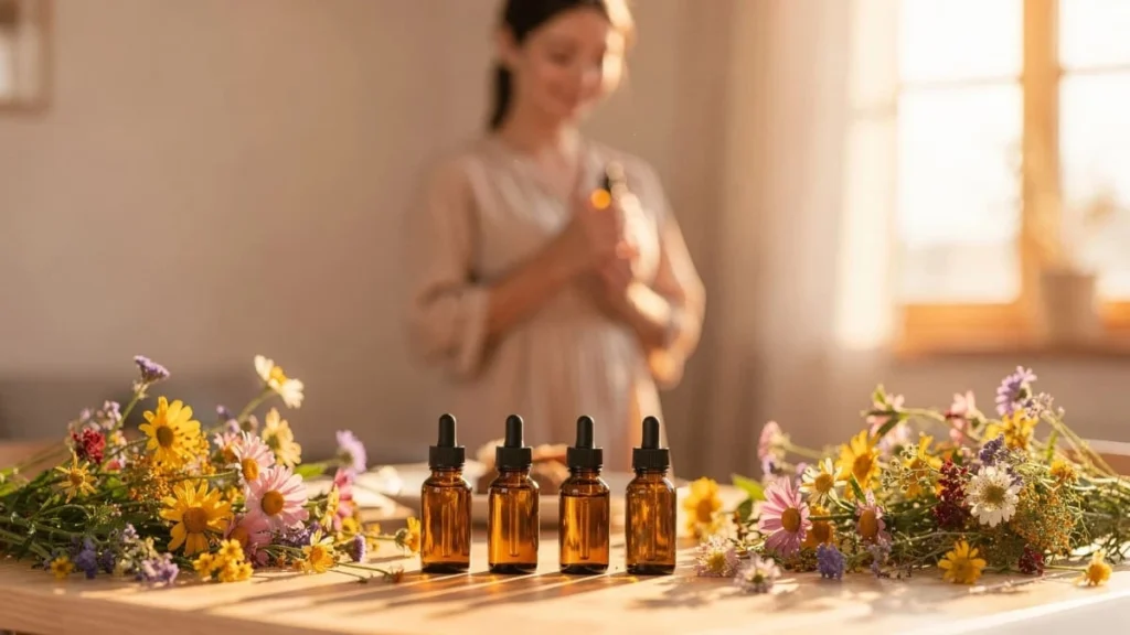 Florais de Bach em frascos terapêuticos promovendo equilíbrio emocional e bem-estar natural