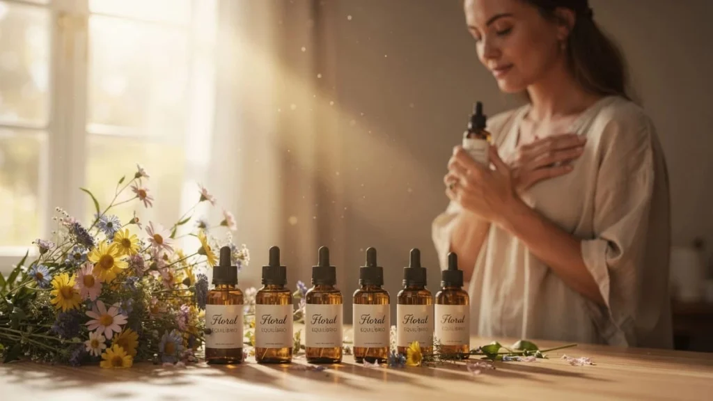 Florais de Bach em frascos terapêuticos promovendo equilíbrio emocional e bem-estar natural