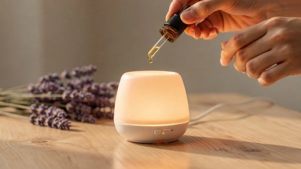 Ramos frescos de lavanda roxa sobre uma superfície clara e iluminada, representando os benefícios da fitoterapia para o sono